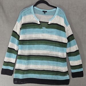 Talbots Womens Beach Linen Knit Blend Sweater Size Petite Large Green Strip